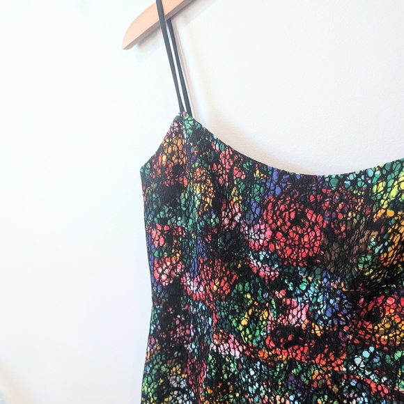 Black Halo Multicolored Overlay Spaghetti Strap Mini Dress Sz. 6 - Picture 2 of 10